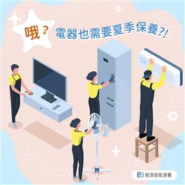 電器夏季保養宣導：「哦？電器也需要夏季保養？！」，插畫中工作人員分別保養電視、冰箱、冷氣與電風扇