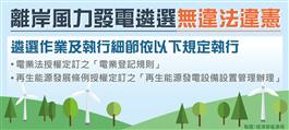 離岸風力發電遴選無違法違憲說明：遴選作業及執行細節依電業法「電業登記規則」與再生能源發展條例「再生能源發電設備設置管理辦法」規定執行